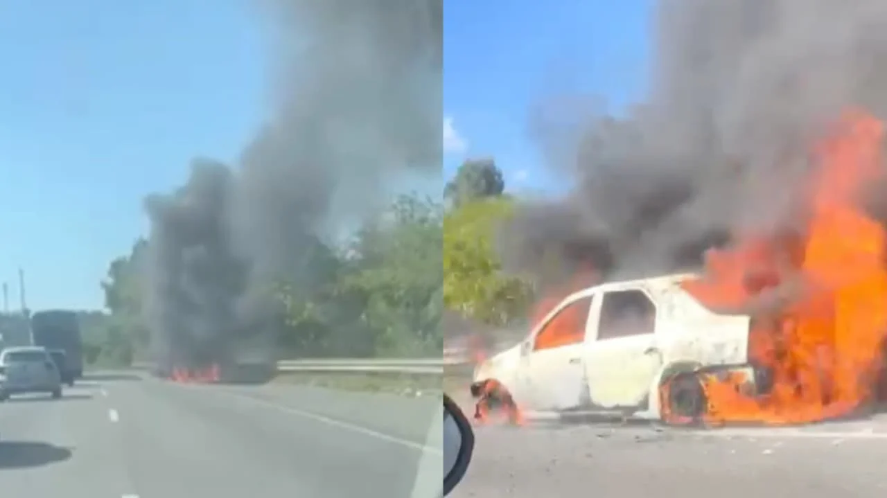 Carro pega fogo e fumaça forte assusta motoristas na BR-324, em Simões Filho