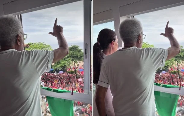 Gilberto Gil faz o “L” da janela de apartamento durante ato pró-Lula em Copacabana e ganha reação de Janja